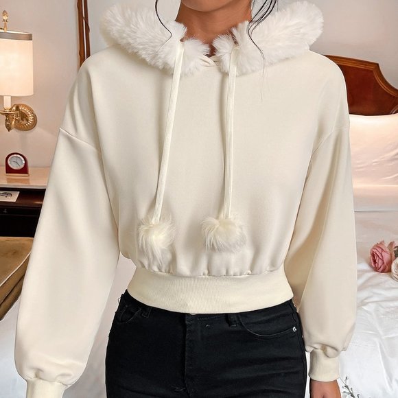 White Casual Womens Fuzzy Trim Drop Shoulder Drawstring Thermal Lined Hoodie - Picture 4 of 5